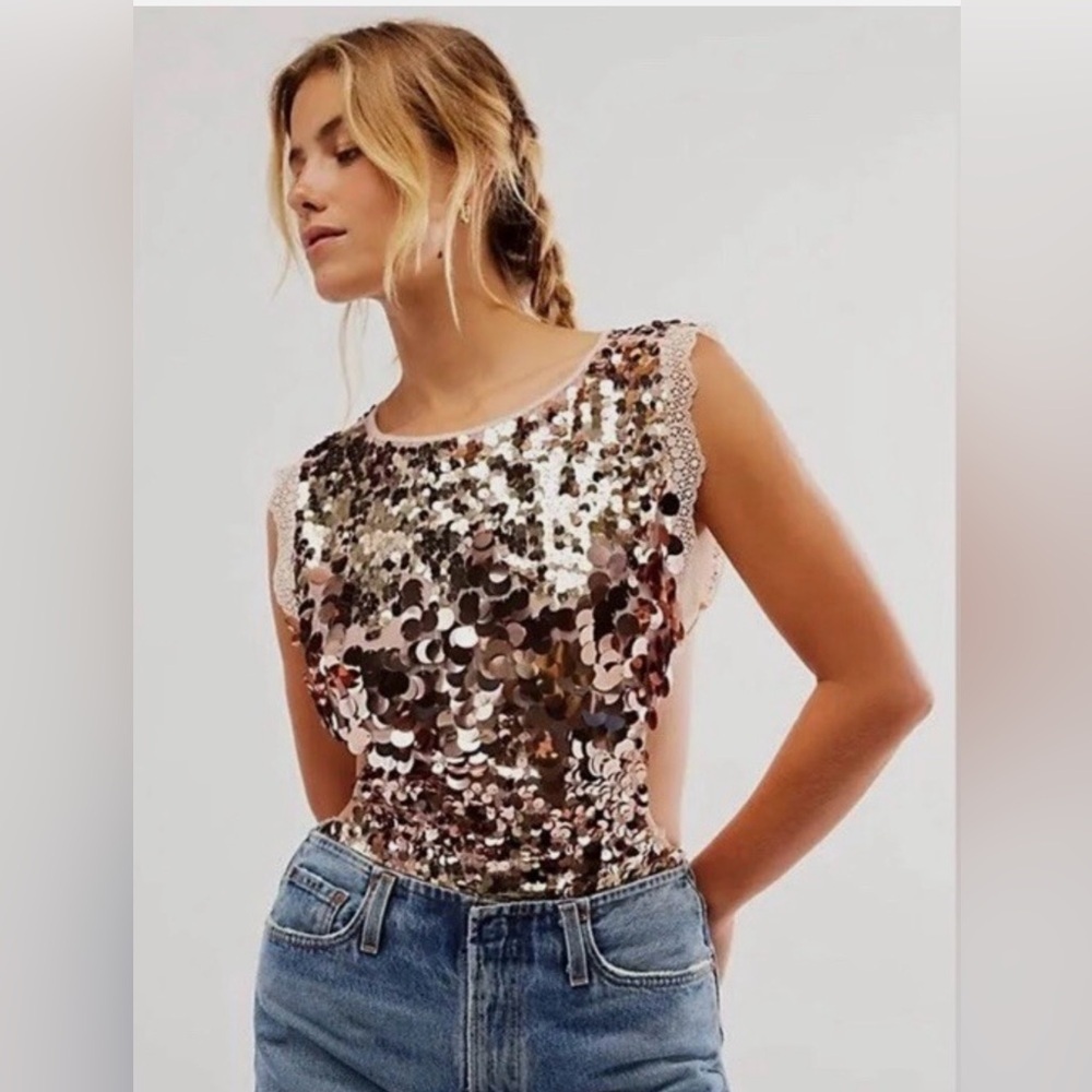 Intimately by Free People FP Rose Gold Sequin Cut-Outs Party Bodysuit Size L